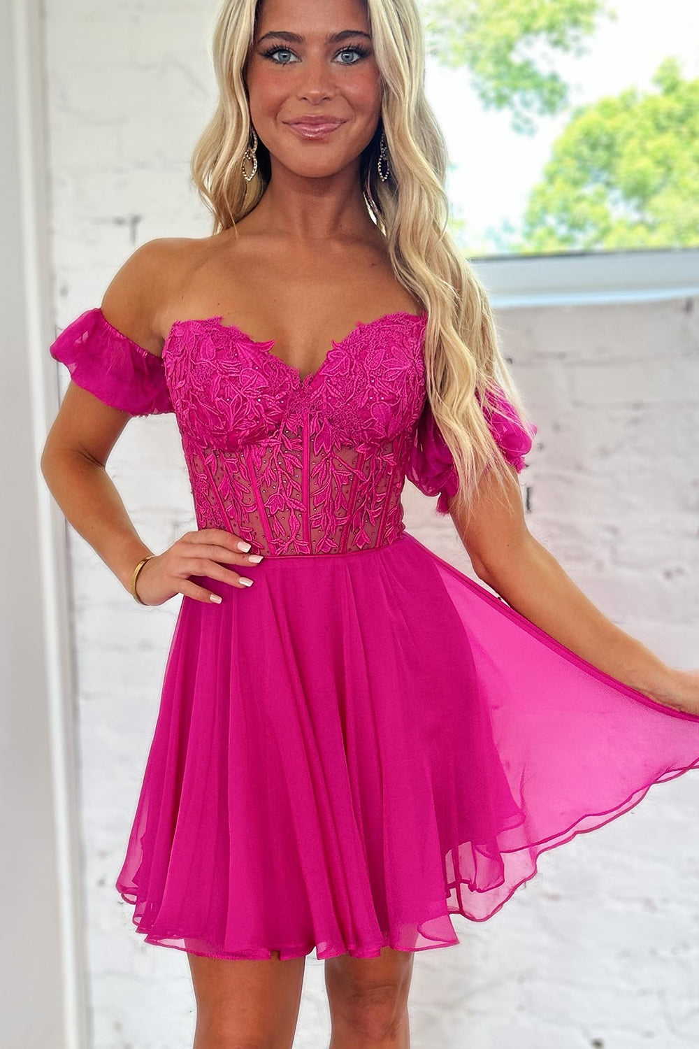  Lavinia |A Line Lace Off the Shoulder Homecoming Dress with Appliques - Cocktail Dress - DYAVOR® 