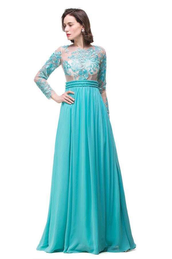  A-line Floor-length Long-Sleeve Crew Sash Formal Dresses - Prom Dresses - DYAVOR® 
