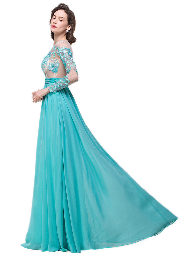  A-line Floor-length Long-Sleeve Crew Sash Formal Dresses - Prom Dresses - DYAVOR® 