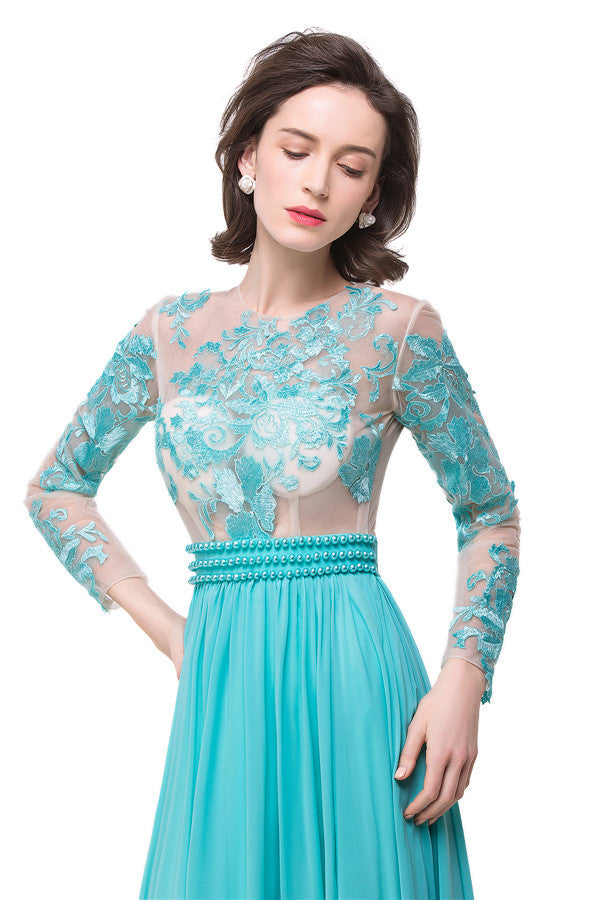 A-line Floor-length Long-Sleeve Crew Sash Formal Dresses - Prom Dresses - DYAVOR® 