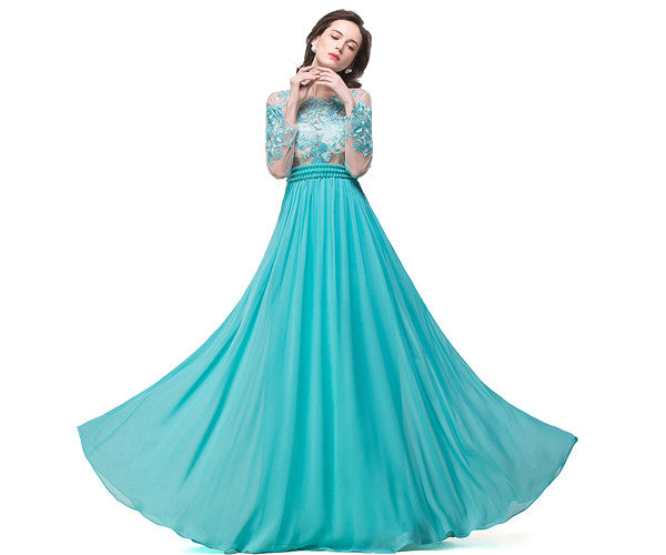 A-line Floor-length Long-Sleeve Crew Sash Formal Dresses - Prom Dresses - DYAVOR® 