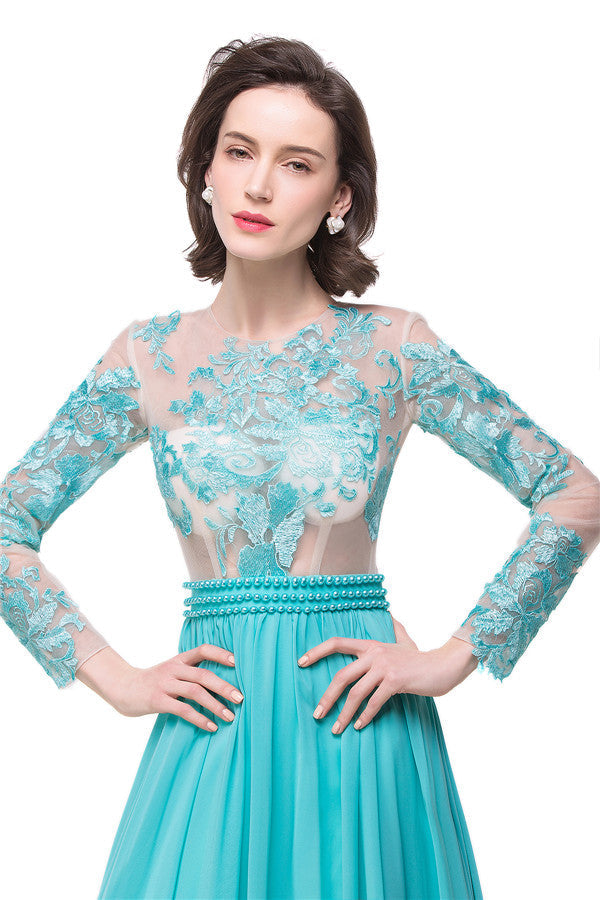  A-line Floor-length Long-Sleeve Crew Sash Formal Dresses - Prom Dresses - DYAVOR® 