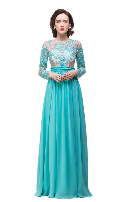  A-line Floor-length Long-Sleeve Crew Sash Formal Dresses - Prom Dresses - DYAVOR® 