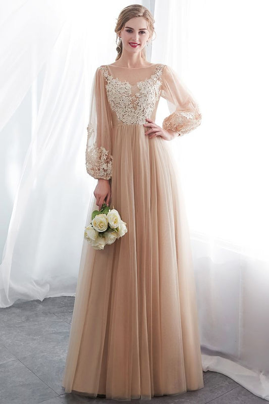  A-line Long Sleeves Appliques Tulle Champagne Evening Dress - Prom Dresses - DYAVOR® 