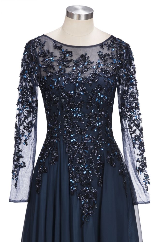  A-line Long Sleeves Plus Size Floor Length Crystals Tulle Prom Dresses - Prom Dresses - DYAVOR® 