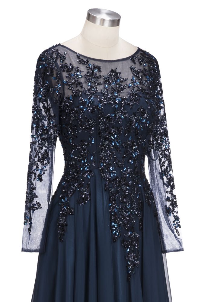 A-line Long Sleeves Plus Size Floor Length Crystals Tulle Prom Dresses - Prom Dresses - DYAVOR® 
