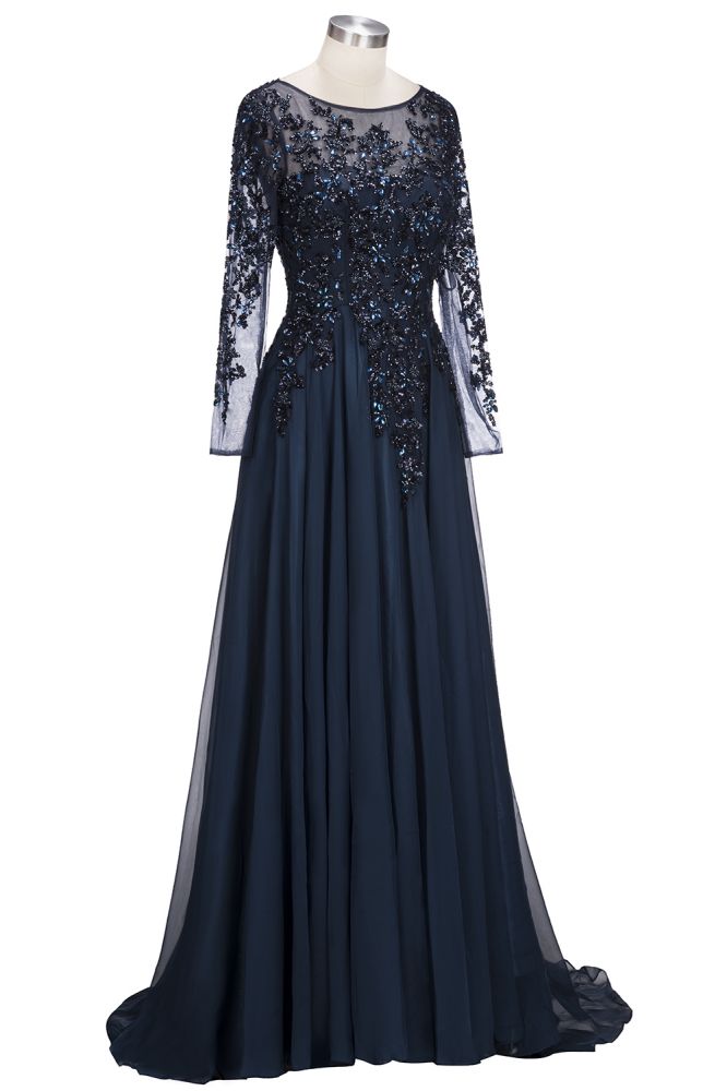  A-line Long Sleeves Plus Size Floor Length Crystals Tulle Prom Dresses - Prom Dresses - DYAVOR® 