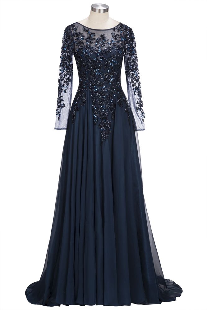 A-line Long Sleeves Plus Size Floor Length Crystals Tulle Prom Dresses - Prom Dresses - DYAVOR® 