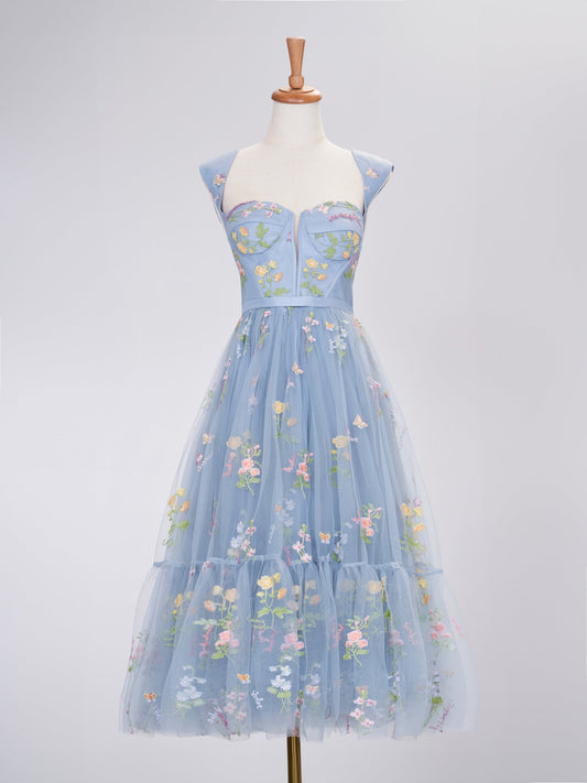  A Line Sweetheart Dusty Blue Long Prom Dress with Embroidery - Cocktail Dress - DYAVOR® 