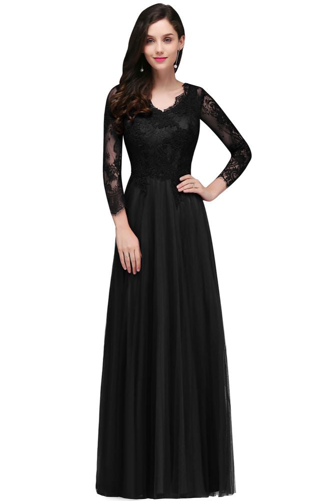  A-line V-neck Long Sleeves Lace Tulle Backless Prom Dresses - Prom Dresses - DYAVOR® 
