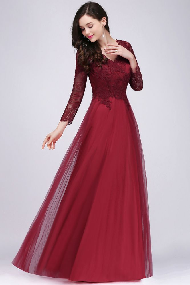  A-line V-neck Long Sleeves Lace Tulle Backless Prom Dresses - Prom Dresses - DYAVOR® 