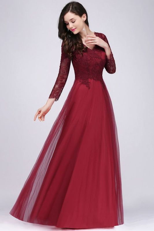  A-line V-neck Long Sleeves Lace Tulle Backless Prom Dresses - Prom Dresses - DYAVOR® 