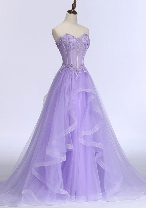  Kaitlyn | A-line Sweetheart Sleeveless Sweep Train Tulle Prom Dress With Beading Appliqued - Prom Dress - DYAVOR® 