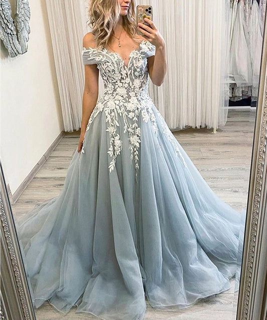  Maci | A-Line Tulle Applique Off-the-Shoulder Sleeveless Sweep/Brush Train Dresses - Prom Dress - DYAVOR® 
