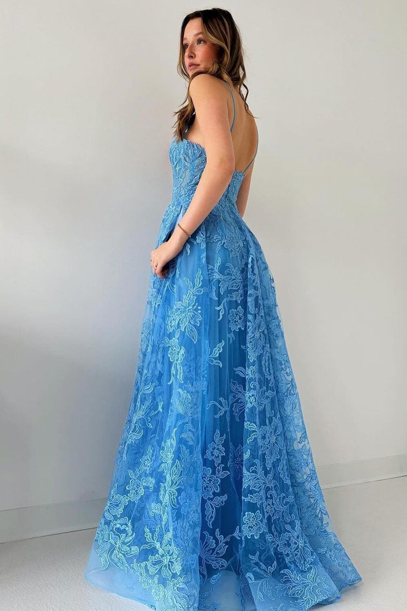  Blue Spaghetti Straps Tulle Appliques Long Prom Dresses - Prom Dress - DYAVOR® 