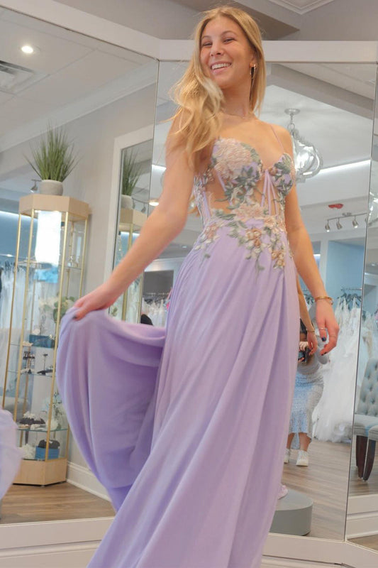  Lilac Sweetheart Chiffon Long Prom Dresses with Appliques - Prom Dress - DYAVOR® 