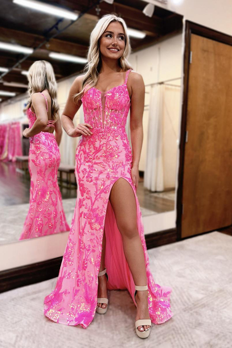  Pink Sweetheart Sequins Lace Mermaid Prom Dresses with Slit - Prom Dress - DYAVOR® 