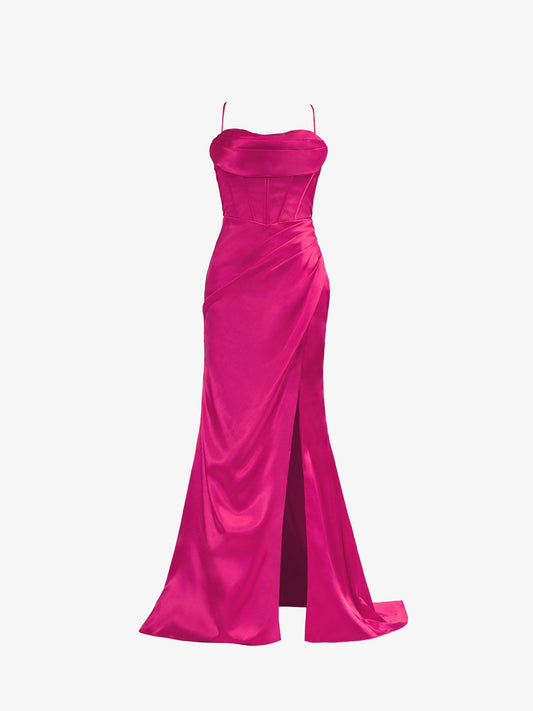  Aaliyah| Hot Pink Spaghetti Straps Satin Mermaid Prom Dress with Slit - Prom Dress - DYAVOR® 