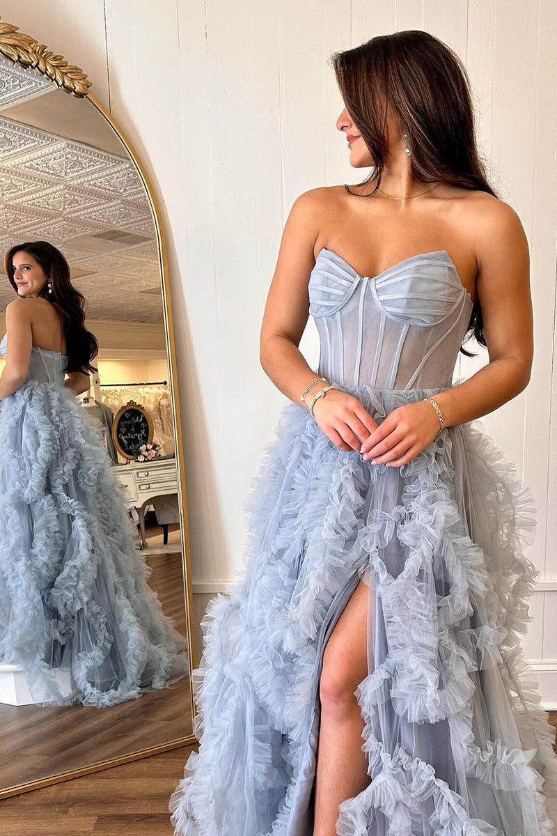  Blue Strapless Ruffle Tulle A-Line Long Prom Dresses with Slit - Prom Dress - DYAVOR® 