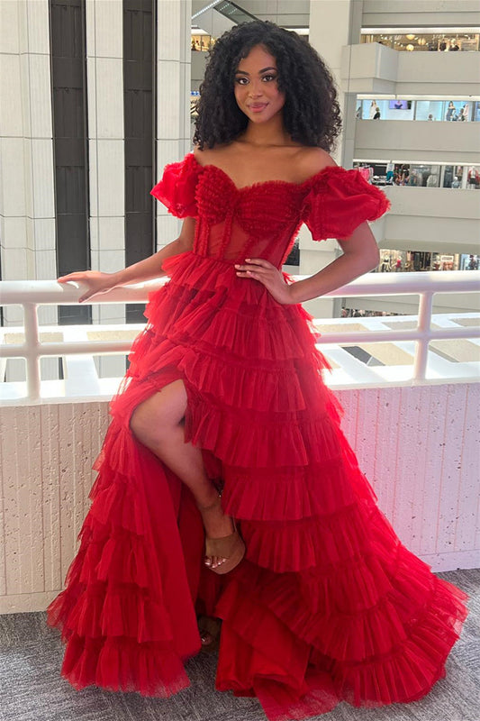 Elia |A-line Off-the-Shoulder Tulle Prom Dress with Slit - Prom Dress - DYAVOR® 