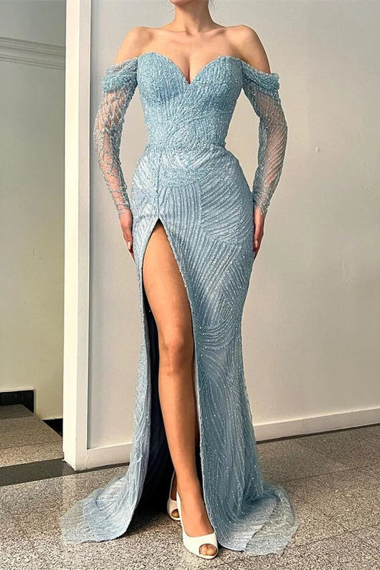  Amazing Long Mermaid Off-the-shoulder Split Lace Sequined Prom Dress With Long Sleeves - Prom Dresses - DYAVOR® 