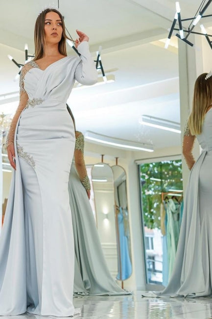  Amazing Silver Long Lace Beading Mermaid Evening Dresses With Long Sleeves - Prom Dresses - DYAVOR® 