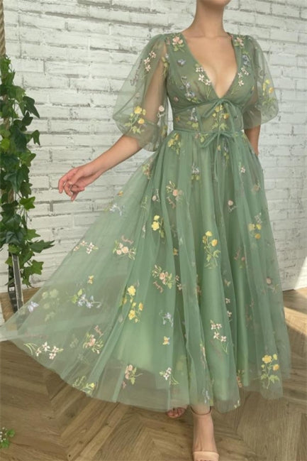  Ankle Length Green V-neck A-line Prom Dresses With Sleeves - Prom Dresses - DYAVOR® 