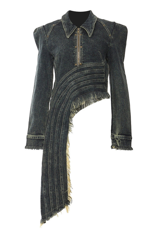  Asymmetric Drape Lapel Collar Long Sleeve Half Zip Fringe Denim Jacket - Denim - DYAVOR® 