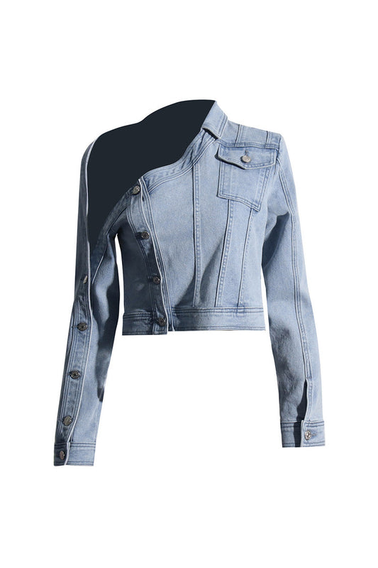  Asymmetrical One Shoulder Button Down Cropped Cutout Denim Jacket - Denim - DYAVOR® 