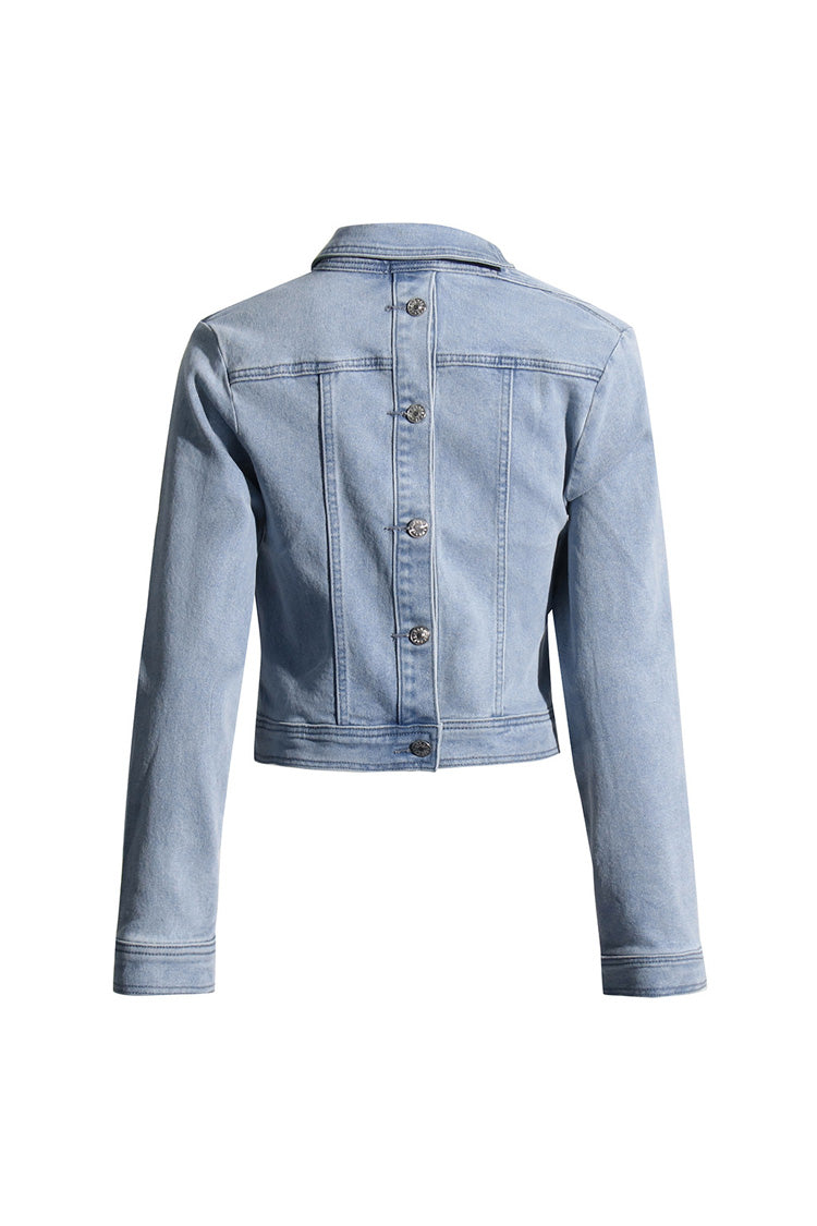  Asymmetrical One Shoulder Button Down Cropped Cutout Denim Jacket - Denim - DYAVOR® 