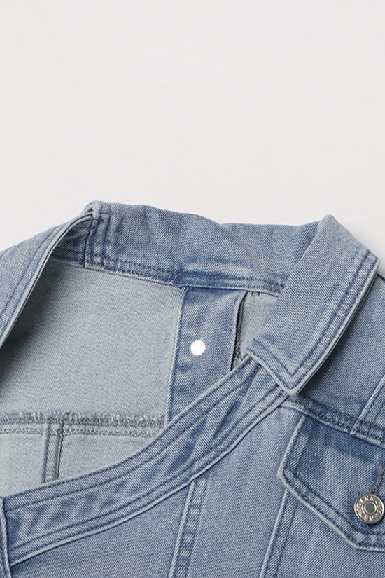  Asymmetrical One Shoulder Button Down Cropped Cutout Denim Jacket - Denim - DYAVOR® 