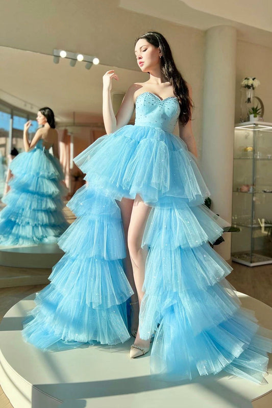 Aleena | Blue Sweetheart Neck Tulle Long Prom Dress, Beautiful A-Line High Low Party Dress - Prom Dress - DYAVOR® 