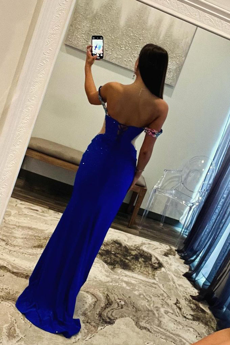  Royal Blue Off the Shoulder Beaded Long Prom Dresses with Appliques - Prom Dress - DYAVOR® 