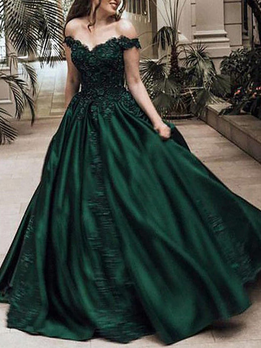  Louise | Ball Gown Off-the-Shoulder Sleeveless Sweep Train Satin Prom Dress With Appliqued Beading - Prom Dress - DYAVOR® 
