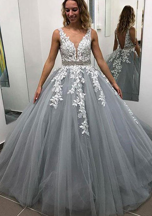  Adley | Ball Gown Sleeveless Long/Floor-Length Tulle Prom Dress With Lace Appliqued Beading - Prom Dress - DYAVOR® 