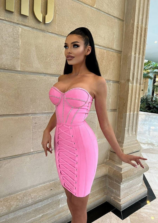 Pink Strapless Corset-style Bandage Dress