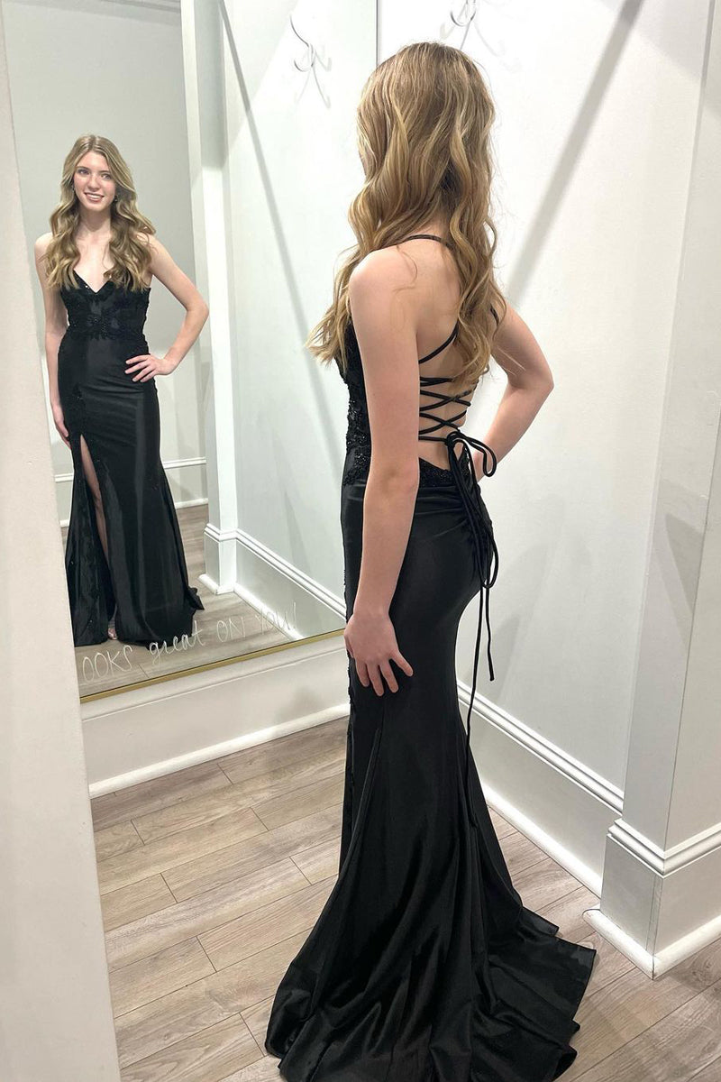  Black V Neck Satin Mermaid Long Prom Dresses with Slit - Prom Dress - DYAVOR® 