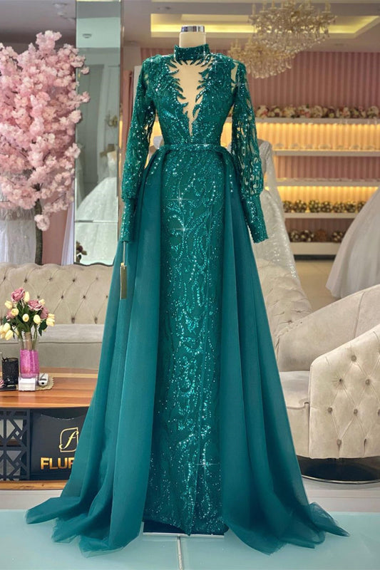  Beautiful Green A-line Long Sleeves High Neck Prom Dress With Lace - Prom Dresses - DYAVOR® 