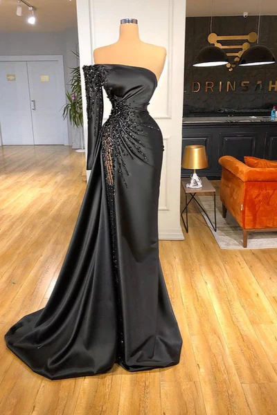  Beautiful Long Black Off-the-shoulder Beading Prom Dress With Long Sleeve - Prom Dresses - DYAVOR® 