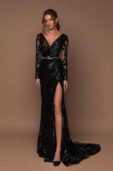  Beautiful Long Black V-neck Mermaid Glitter Evening Dresses with Long Sleeves - Prom Dresses - DYAVOR® 