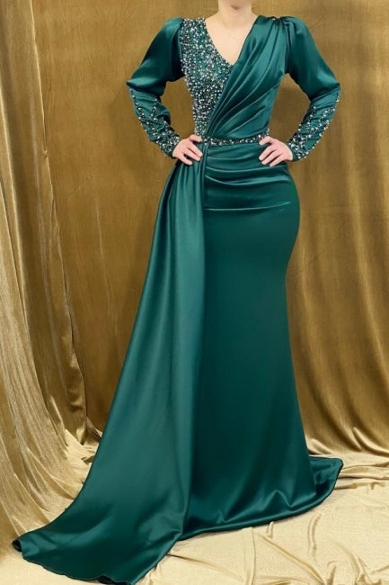  Beautiful Long Green V-neck Beading Mermaid Evening Dresses With Long Sleeves - Prom Dresses - DYAVOR® 