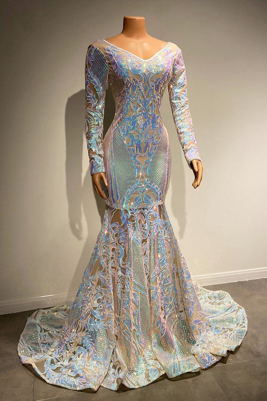  Beautiful Long Mermaid Lace Long Sleeves Evening Dress With Train - Prom Dresses - DYAVOR® 