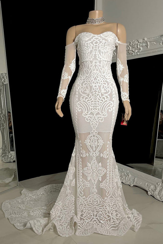  Beautiful Long Mermaid Off-the-shoulder Lace Long Sleeves Prom Dress With Train - Prom Dresses - DYAVOR® 