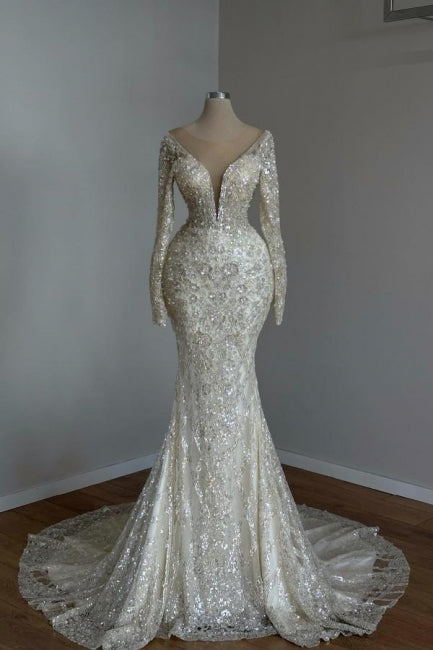  Beautiful Long Mermaid White V-neck Lace Glitter Prom Dresses With Long Sleeves - Prom Dresses - DYAVOR® 