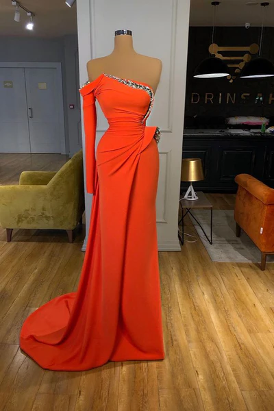  Beautiful Long Off-the-shoulder Satin Split Prom Dress With Long Sleeve - Prom Dresses - DYAVOR® 
