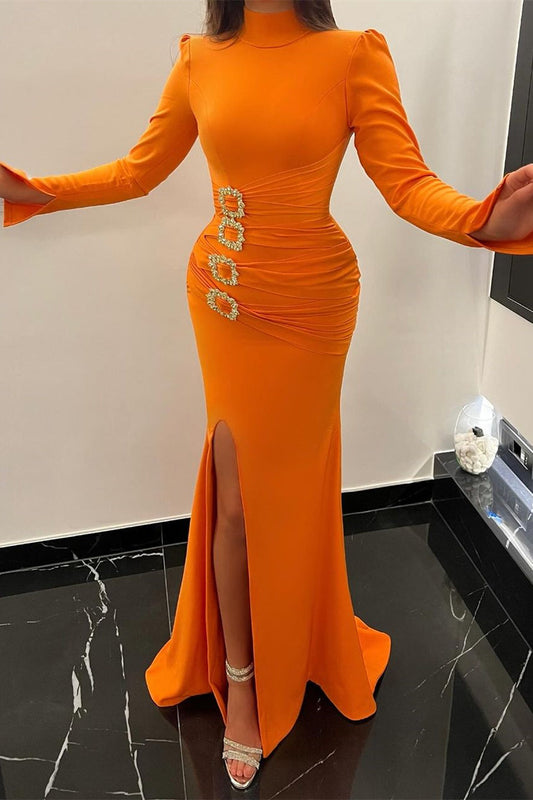  Beautiful Long Orange Mermaid High Neck Satin Long Sleeves Prom Dress With Slit - Prom Dresses - DYAVOR® 