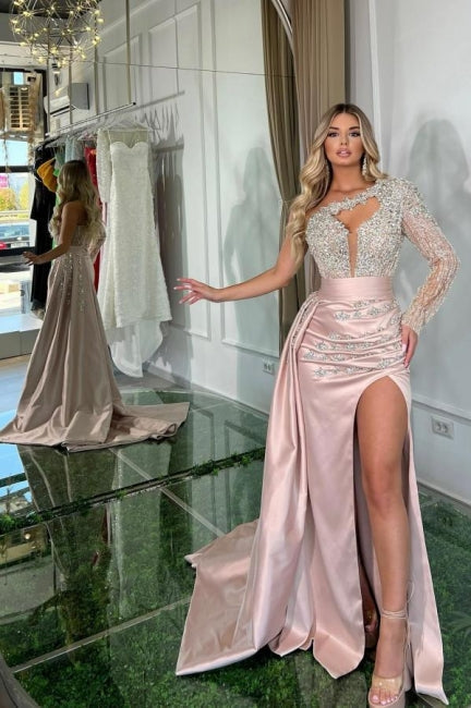  Beautiful Long Pink Mermaid One Shoulder Long Sleeve Glitter Prom Dress With Slit - Prom Dresses - DYAVOR® 