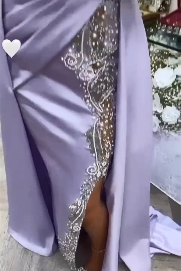  Beautiful Long Purple High Neck Lace Beading Satin Evening Dress With Slit - Prom Dresses - DYAVOR® 