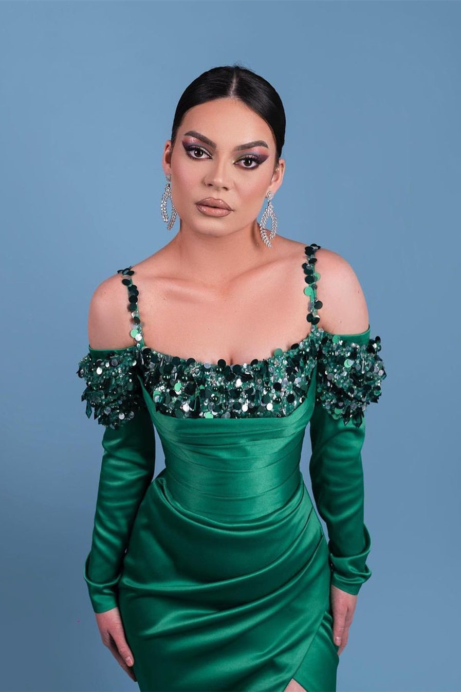  Beautiful Long Spaghetti Green Satin Mermaid Prom Dresses With Long Sleeve - Prom Dresses - DYAVOR® 