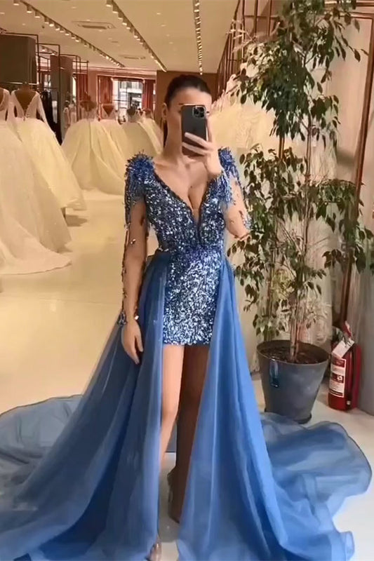  Beautiful Mini V-Neck Long Sleeveless Sheath Sequined Prom Dress with Court Train - Prom Dresses - DYAVOR® 